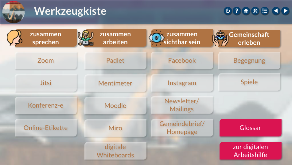 Beispielbild der Benutzeroberfläche Werkzeugkiste im Selbstlernkurs Logbuch für die digitale Gemeindearbeit.
